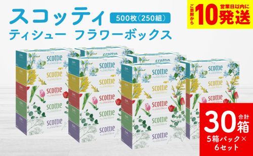 【スコッティ】 ティシュー フラワーボックス 250組 30箱 ティッシュ 日用品 生活必需品 消耗品 紙 まとめ買い 備蓄 防災備蓄 デザインボックス ストック 新生活 防災 生活用品 日用消耗品 箱ティッシュ 1855167 - 熊本県八代市