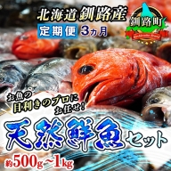 【定期便　３ケ月連続】　お魚の目利きのプロにお任せ！北海道産（国産） 天然 鮮魚 約500g～1kg（釧路の鮮魚セット）