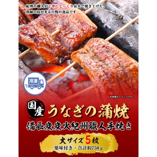 国産うなぎ蒲焼 備長炭炭火紀州職人手焼き大サイズ5枚(合計約750g)薬味