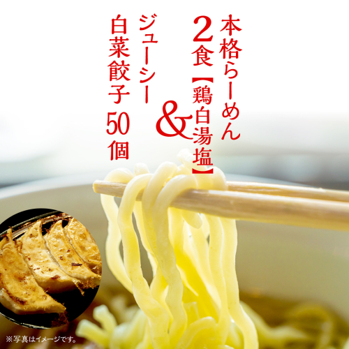 本格らーめん 2食 （ 鶏白湯塩 ）＆ ジューシー白菜餃子 50個 ラーメン 本格 餃子 白菜 冷凍 ふるさと納税 [BF007ya] 1909410 - 茨城県八千代町