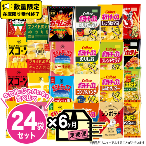 【 6ヶ月 連続 定期便 】 カルビー 湖池屋 人気 24種 詰め合わせ お楽しみ 24袋 スナック菓子 セット カルビー 湖池屋 ポテトチップス ポテチ お菓子 おかし 大量 スナック おつまみ ジャガイモ じゃがいも まとめ買い Calbee ポテト おまかせ 定期便 頒布会 数量限定 1910879 - 茨城県牛久市