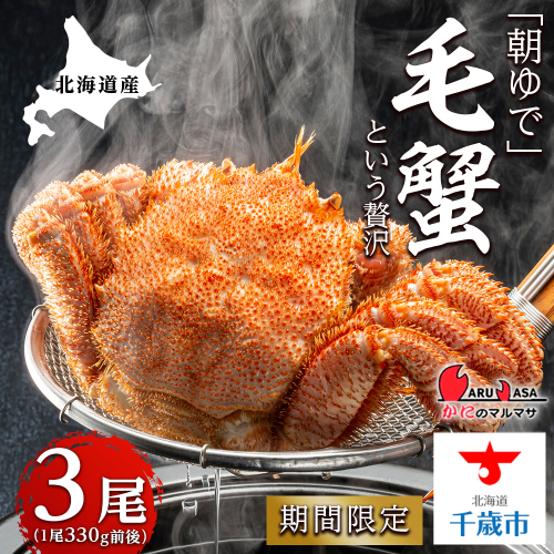 北海道産【朝ゆで】毛ガニ（330g前後）3尾 期間限定！≪かにのマルマサ≫ 191202 - 北海道千歳市