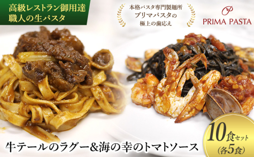 高級レストラン御用達 職人の生パスタとソースのセット「牛テールのラグー5食と海の幸のトマトソース5食　合計10食セット」 ～本格パスタ専門製麺所「プリマパスタ」の極上の歯応え～【GT2001-UM1221-5】 1928174 - 千葉県市原市