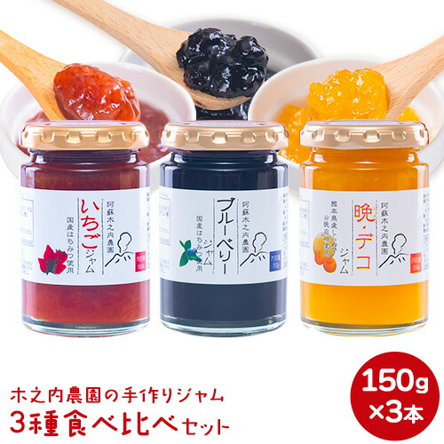 木之内農園の手作りジャム　3種食べ比べセット 150g×3本 《30日以内に出荷予定(土日祝を除く)》 熊本県南阿蘇村 ジャム いちご ブルーベリー 晩白柚 不知火 デコ 苺 大粒 乗せるジャム 1959858 - 熊本県南阿蘇村