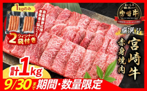 【9月末までにお届け】【畜産農家応援】数量限定 厳選 宮崎牛 赤身 焼肉 計1kg 粗挽きウインナー 牛肉 国産焼き肉 BBQ 鉄板焼き バーベキュー 人気 黒毛和牛 肩ウデ モモ A4 A5 等級 ギフト 贈答 小分け 食品 選べる ミヤチク 宮崎県 日南市 送料無料_CB104-25-ZO2-09
