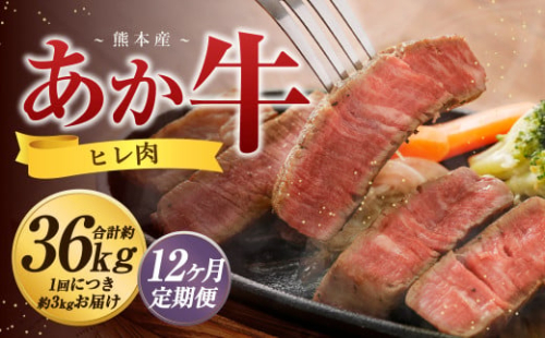 【12か月定期便】 熊本 あか牛 ヒレ肉 約3kg （約150g×15枚～18枚） 牛 肉 牛肉 ヒレ ステーキ 1965491 - 熊本県益城町