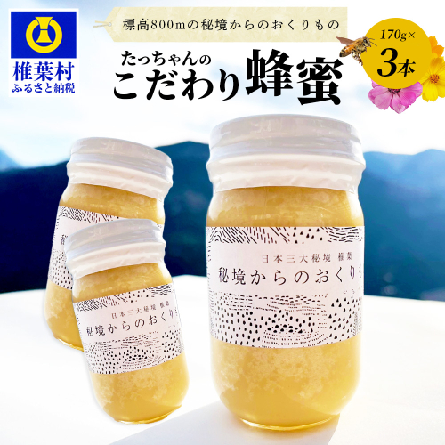 標高800m たっちゃんのこだわり蜂蜜【170g×3本】(送料無料 宮崎県 椎葉村 秘境 蜂蜜 はちみつ ハチミツ みつばち ミツバチ 伝統的 養蜂 国産 天然 百花蜜 巣箱 数量限定 季節 希少 170g 340g 510g) TN-06 1973627 - 宮崎県椎葉村