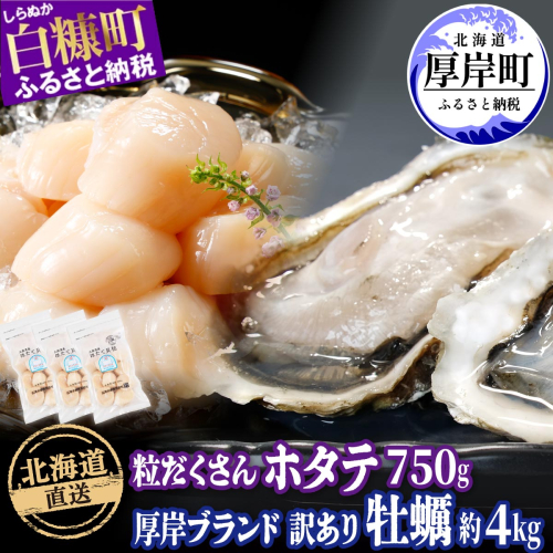 北海道 厚岸産 牡蠣 約4kg 海鮮 セット 訳あり × 北海道産 ホタテ 750g (250g×3)  ホタテ 牡蠣 ほたて 刺身  帆立 貝柱 カキ 生牡蠣 殻付 海鮮丼 魚介 貝 ふるさと 贈答用 人気 厚岸町 白糠町 1978323 - 北海道厚岸町