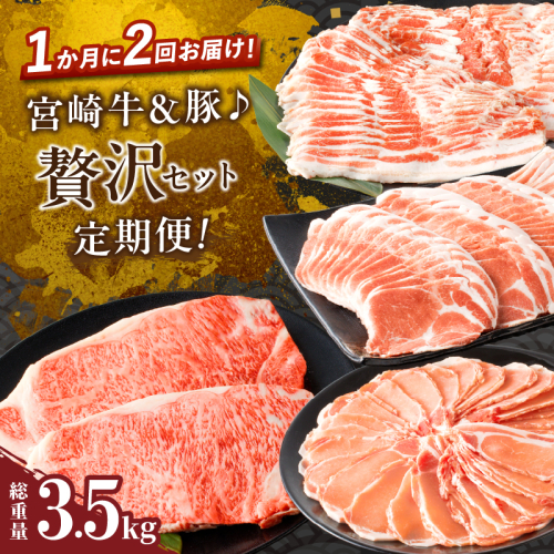 ≪定期便≫＼1か月に2回お届け!!／宮崎牛＆豚♪贅沢セット【総重量3.5kg】 肉 牛 牛肉 焼肉 国産_T030-046 1983426 - 宮崎県都農町