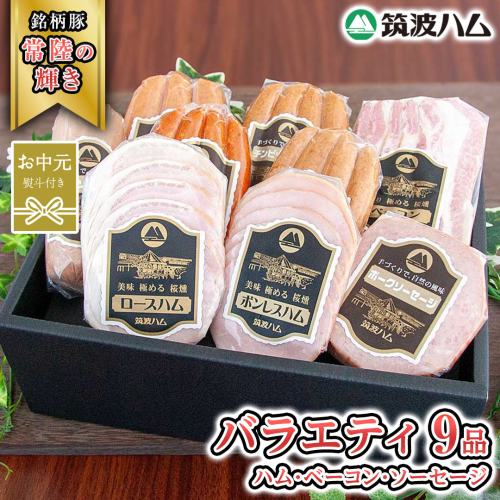 【お中元熨斗付き】 筑波ハム バラエティ 9品 ( ハム ベーコン ソーセージ ) 『常陸の輝き』 茨城県産 ブランド豚 銘柄豚 ( 茨城県共通返礼品 ) ロースハム ボンレスハム フランク ウィンナー チョリソー 豚 ポーク ステーキ 肉 お肉 [EN011sa] 1986293 - 茨城県桜川市