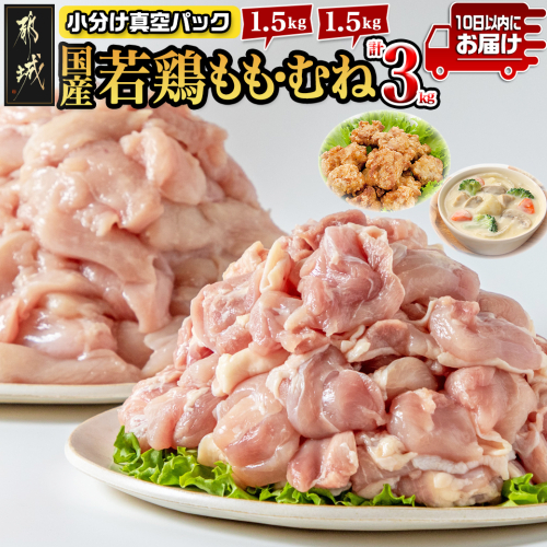 国産若鶏3kgセット 小分けパック!カット済み!(もも300g×5P・むね300g×5P)≪みやこんじょ特急便≫_12-3306-Q 1988715 - 宮崎県都城市