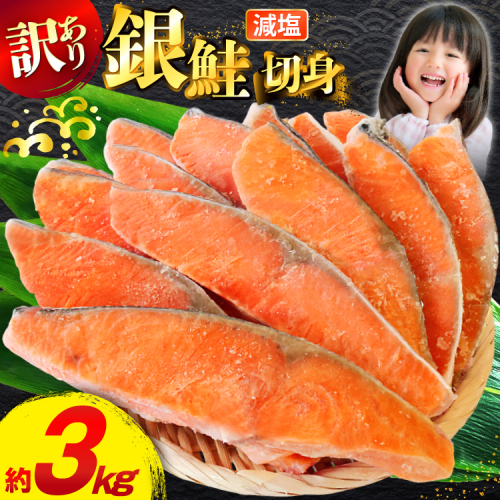 訳あり 無添加 減塩 塩銀鮭 切身 総重量 3kg [足利本店 宮城県 気仙沼市 20565551] 魚 魚介類 サーモン 鮭 海鮮 魚介 甘塩味 塩分控えめ さけ サケ 鮭切身 シャケ 切り身 銀鮭切り身 簡易包装 規格外 不揃い 家庭用 冷凍 1994661 - 宮城県気仙沼市