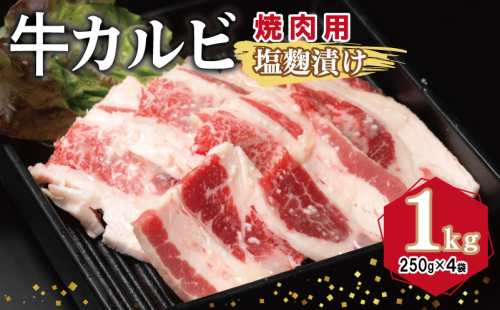 牛カルビ 焼肉用 塩麹漬け 合計1kg【味付け 小分け 焼くだけ 簡単調理 BBQ 牛肉 250g×4袋】 010B1596 2011237 - 大阪府泉佐野市