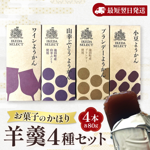 北海道 羊羹 お試し4種4本 最短翌日発送 ポスト投函 お菓子のかほり 食べきりサイズ 80g×4本 常温 ようかん 羊かん ヨウカン 餡子 ぶどう 2012652 - 北海道池田町