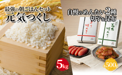 朝ごはんセット 元気つくし 5kgとめんたい 自慢の2品（辛子明太子切子500g・昆布明太子500g）【配送不可：離島】 202455 - 福岡県朝倉市