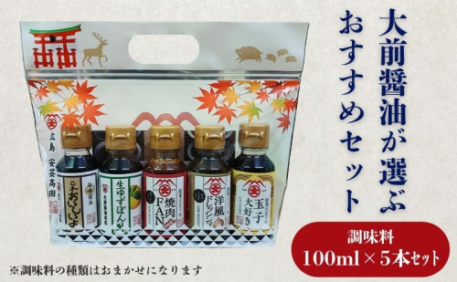 大前醤油おまかせ 100ml×5本セット 調味料 醤油 ドレッシング ぽん酢 たれ おまかせ 詰め合わせ セット 広島 安芸高田市 2034076 - 広島県安芸高田市