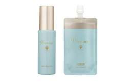 Premior(ラサーナ プレミオール)」のお風呂上がりに使用する髪の美容液です。シャンプー、リンス(またはトリートメント) 後、タオルで髪を軽くふき、ヘアエッセンスを手のひらに適量取ってぬれた髪全体