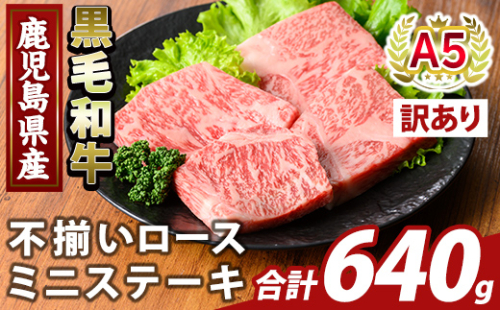 K-479-C ＜訳あり＞鹿児島県産A5等級黒毛和牛不揃いロースミニステーキ(計640g) 【ふるさと産直バザール】霧島市 牛肉 国産 鹿児島県産 赤身肉 不揃い ワケアリ ロース ステーキ 肉 精肉 2059126 - 鹿児島県霧島市