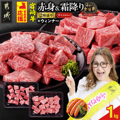 畜産農家応援! 宮崎牛サイコロステーキ2種セット500g×2パック+粗挽きウィンナー90g_17-N204-ESW 2070613 - 宮崎県都城市