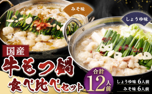 国産牛もつ鍋 12人前 ちゃんぽん 2つの味が楽しめる濃縮スープ付（醤油味＆みそ味） 2種類 もつ ホルモン 鍋 お鍋 セット 冷凍 岡垣町