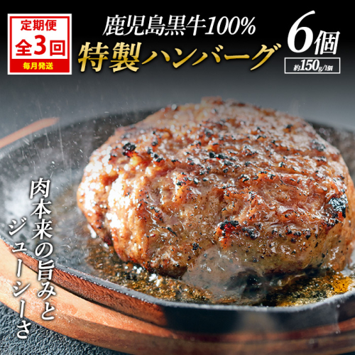 ＜定期便：毎月発送全3回＞鹿児島黒牛特選ハンバーグ(計約900g・約150g×6個)国産 鹿児島 ハンバーグ 冷凍 セット【nixy中山亭】chuzan-1511 2072331 - 鹿児島県長島町