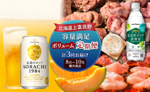 北海道上富良野 容量満足ボリューム定期便 メロン 豚 ホルモン サガリ 炭酸水 ビール 2078349 - 北海道上富良野町