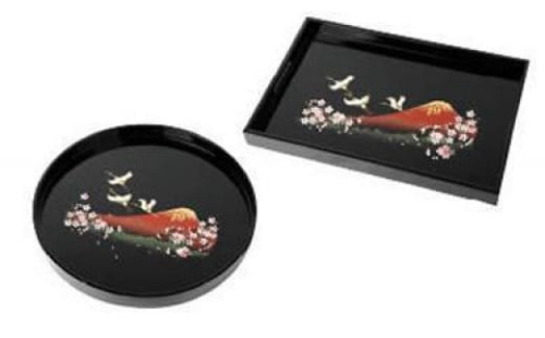 紀州漆器 長手盆 丸盆 2枚セット 富士に桜 (木製 カシュー漆塗り)［YS28］ 2088250 - 和歌山県上富田町