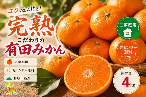 ＼光センサー選別／こだわりの完熟有田みかん 4kg＋150g(傷み補償分) 【ご家庭用】サイズ混合 有機質肥料100%｜ みかん 有田みかん 温州みかん ミカン 温州ミカン 柑橘 温州 甘い コク 産地直送 208878 - 和歌山県美浜町