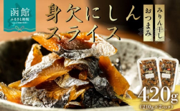 軽く味付けした(みりん干し)身欠にしんを薄くスライスし、おつまみ仕立てにしました。そのままお召し上がるのはもちろん、ネギをまぶし、醤油、マヨネーズ、みそなどにつけお刺身のようにしてもおいしくお召し上が