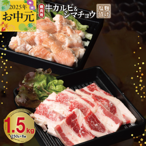 【お中元】 牛カルビ＆シマチョウ 塩麹漬け 焼肉セット 合計1.5kg【味付け 小分け 焼くだけ 簡単調理 BBQ 250g×6袋 牛肉 ホルモン】 099H3398t 2095587 - 大阪府泉佐野市