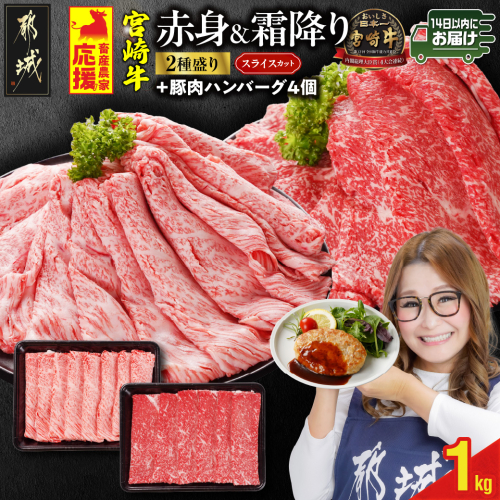 畜産農家応援! 宮崎牛スライス2種セット500g×2パック+豚肉ハンバーグ100g×4個≪みやこんじょ快速便≫_17-N201-R-ESH 2099463 - 宮崎県都城市