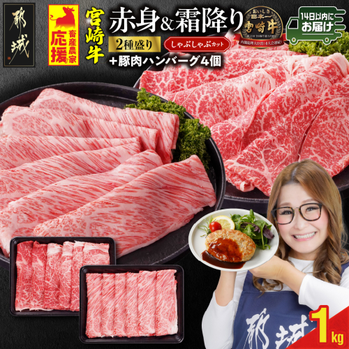 畜産農家応援! 宮崎牛しゃぶしゃぶ2種セット500g×2パック+豚肉ハンバーグ100g×4個≪みやこんじょ快速便≫_17-N203-R-ESH 2099604 - 宮崎県都城市