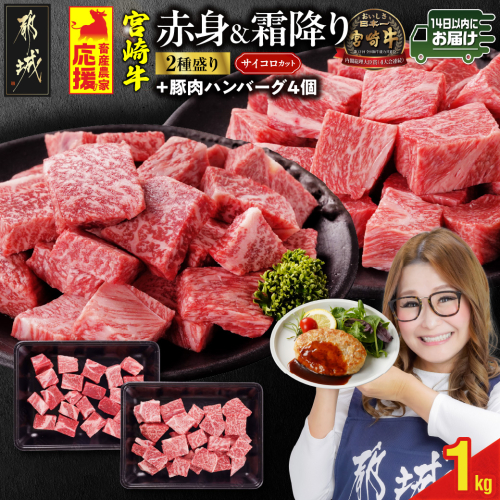 畜産農家応援! 宮崎牛サイコロステーキ2種セット500g×2パック+豚肉ハンバーグ100g×4個≪みやこんじょ快速便≫_17-N204-R-ESH 2099611 - 宮崎県都城市
