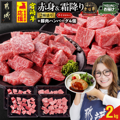 畜産農家応援! 宮崎牛サイコロステーキ2種セット500g×4パック+豚肉ハンバーグ100g×4個≪みやこんじょ快速便≫_32-N204-R-ESH 2099612 - 宮崎県都城市