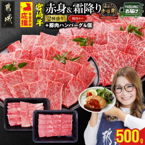 畜産農家応援! 宮崎牛焼肉2種セット250g×2パック+豚肉ハンバーグ100g×4個≪みやこんじょ快速便≫_13-N202-R-ESH 2099676 - 宮崎県都城市