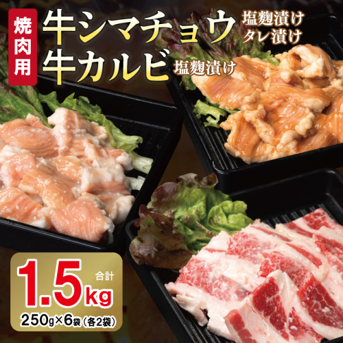 牛シマチョウ（タレ漬け+塩麹）＆塩麹漬け牛カルビの焼肉セット  合計1.5Kg（1袋250ｇ×各2袋） 【味付け 小分け 焼くだけ 簡単調理 BBQ 牛肉 ホルモン 250g×6袋】 010B1667 2106461 - 大阪府泉佐野市