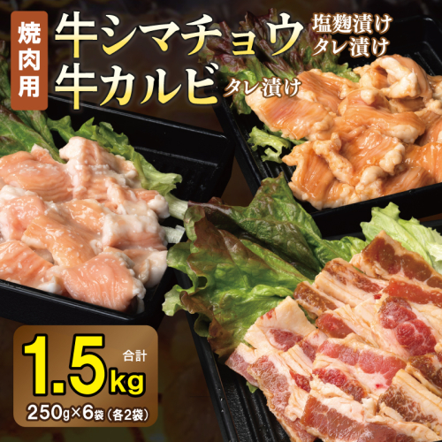 牛シマチョウ（タレ漬け+塩麹）＆タレ漬け牛カルビの焼肉セット  合計1.5Kg（1袋250ｇ×各2袋） 【味付け 小分け 焼くだけ 簡単調理 BBQ 牛肉 ホルモン 250g×6袋】 010B1668 2106462 - 大阪府泉佐野市