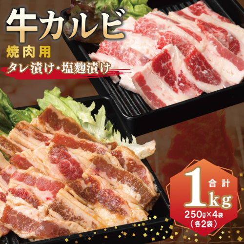牛カルビ 焼肉用 タレ漬け+塩麹漬け 合計1kg（250g×各2袋） 【味付け 小分け 焼くだけ 簡単調理 BBQ 牛肉 250g×4袋】 010B1669 2106463 - 大阪府泉佐野市