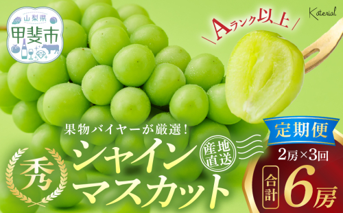 甲斐の地が育てたパリッと弾けるジューシーな甘さをご堪能ください！
【2025年分発送】定期便 シャインマスカット 2房 約1.3kg×3回 先行予約 先行 予約 山梨県産 国産 産地直送 人気 おすすめ 贈答 ギフト お取り寄せ フルーツ 果物 くだもの ぶどう ブドウ 葡萄 シャイン シャインマスカット 新鮮 甘い 皮ごと 山梨 甲斐市 AD-248 2108101 - 山梨県甲斐市