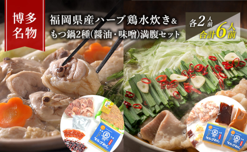 水炊き もつ鍋 ( 醤油 みそ 味2種 ) 食べ比べ セット 各2人前 合計6人前 博多名物 鶏水炊き&モツ鍋 満腹 鍋 牛肉 鶏肉 大刀洗 配送不可：離島 2108619 - 福岡県大刀洗町