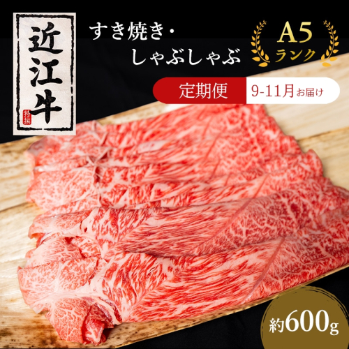 【肉の千石屋】【定期便:9～11月お届け】3ヶ月連続お届け近江牛A5ランクすき焼き しゃぶしゃぶ約600g 肉 近江牛 牛肉 すき焼き しゃぶしゃぶ モモ 肩ロース ロース 和牛 国産 滋賀県 2111985 - 滋賀県豊郷町