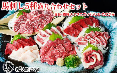 馬刺し 5種 盛り合わせセット 5人前 約250g 熊本直送 馬肉 肉 赤身 霜降り バラヒモ フタエゴ コーネ 冷凍 益城町 2117376 - 熊本県益城町