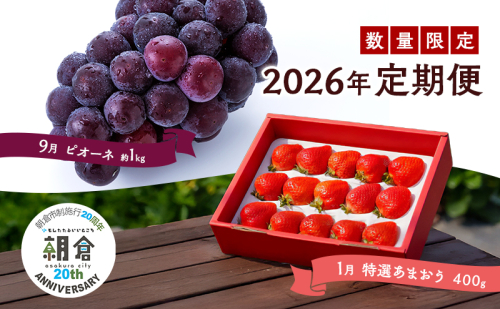 【朝倉市制施行20周年記念企画】 定期便 2回 うるう農園 2026年1月発送 特選 あまおう 400g ゆう美果樹園 2026年9月発送 ピオーネ 1～3房 約1kg いちご ピオーネ セット ※配送不可：離島 2119413 - 福岡県朝倉市