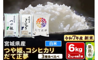 【新米受付】【ブランド米・食べ比べ】宮城県産 つや姫・コシヒカリ・だて正夢 令和7年産 白米 2kg×3品種