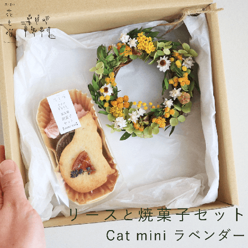 富良野 花七曜 リースと焼菓子セット Cat mini ラベンダー イエロー ◆ ドライフラワー 2121719 - 北海道上富良野町