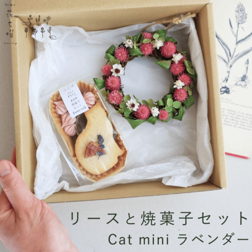 富良野 花七曜 リースと焼菓子セット Cat mini ラベンダー ピンク ◆ ドライフラワー 2121720 - 北海道上富良野町