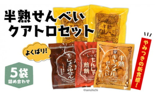 半熟せんべい 5袋詰合せ クアトロセット 半熟カレーせん 半生しょうゆせん 半熟もんじゃ煎餅 半熟キャラメルせんべい カレー味 かつおだし 甘辛ソース 新食感 もんじゃ ぬれせんべい せんべい 煎餅 煎餅屋仙七 [AO008sa] 2132524 - 茨城県桜川市