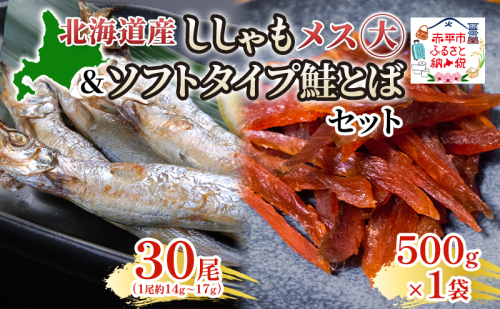 北海道産ししゃもメス大30尾 ソフトタイプ鮭とば「北海道産 鮭燻ソフト」500gセット 北海道 稀少 魚 シシャモ 秋鮭 おつまみ 魚貝類 干物 2134869 - 北海道赤平市
