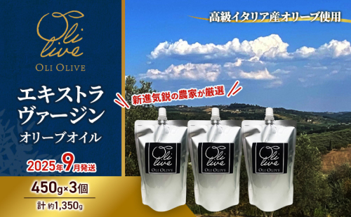 高級イタリア産 エキストラ・ヴァージン・オリーブオイル 450g×3個【2025年9月中旬より順次発送】調味料 油 オリーブ油 食用油 静岡県 袋井市 2136135 - 静岡県袋井市
