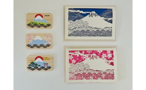 富士山と三保松原を贈る ヒノキのマグネット＆切り絵レターセット（5点入り） 2136576 - 静岡県静岡市